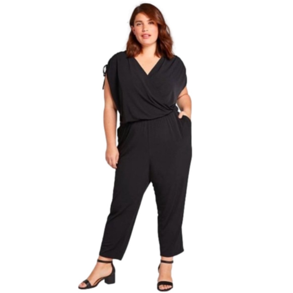 Lane Bryant Knit Black Crossover V-Neck Ruched Dolman Sleeve Jumpsuit